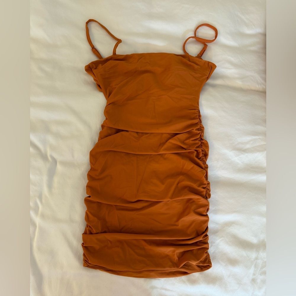 Tiger Mist terracotta orange copper mini dress tie in the back S - Picture 7 of 11